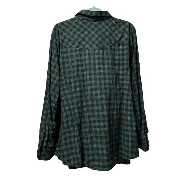 Torrid women’s size 3 (3X) green plaid cotton long roll tab sleeves button top - Picture 3 of 7